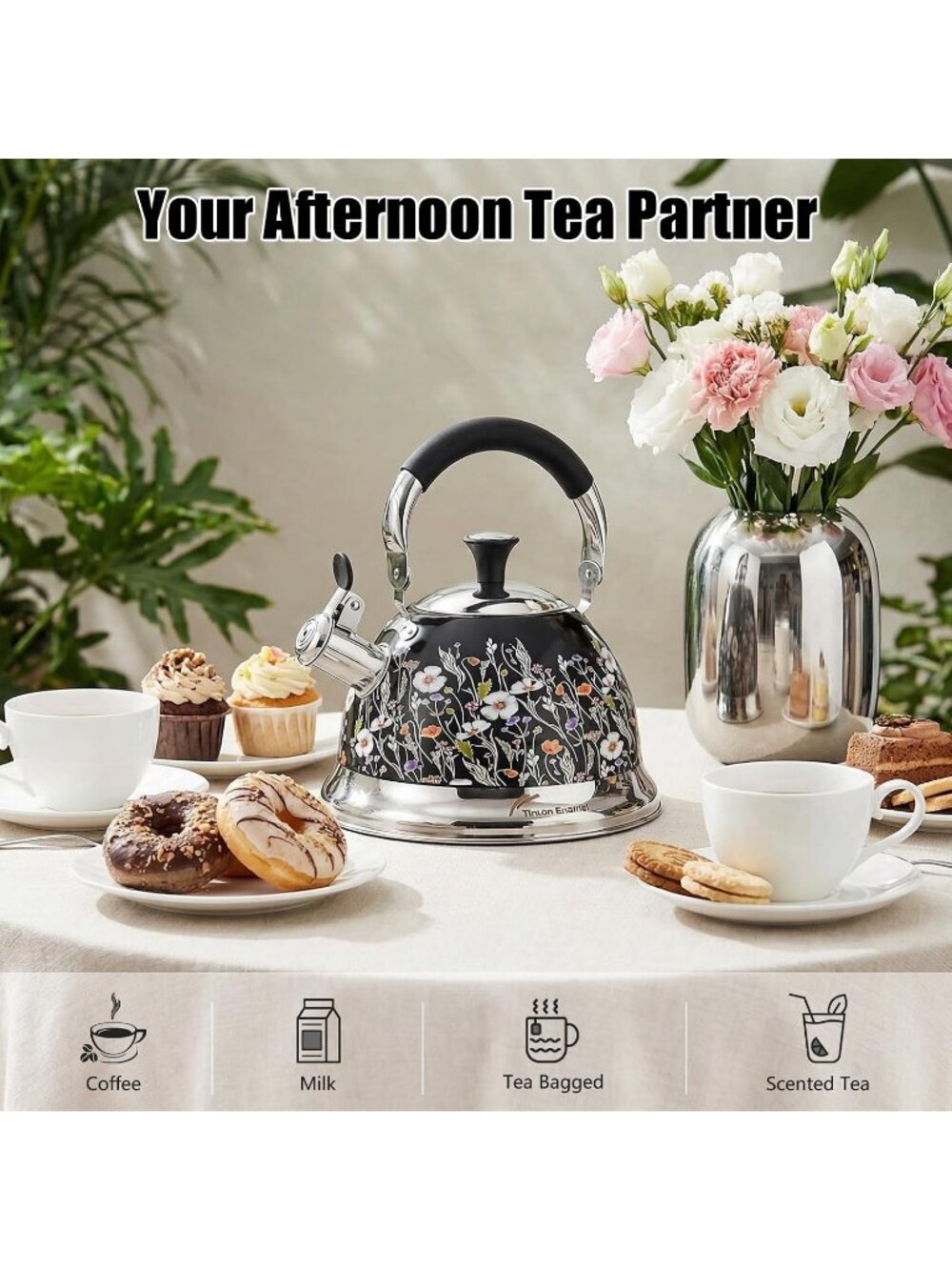 Black Field Flower 304 Stainless Steel Whistling Tea Kettle 3.1 Quart Stovetop - Picture 2 of 7